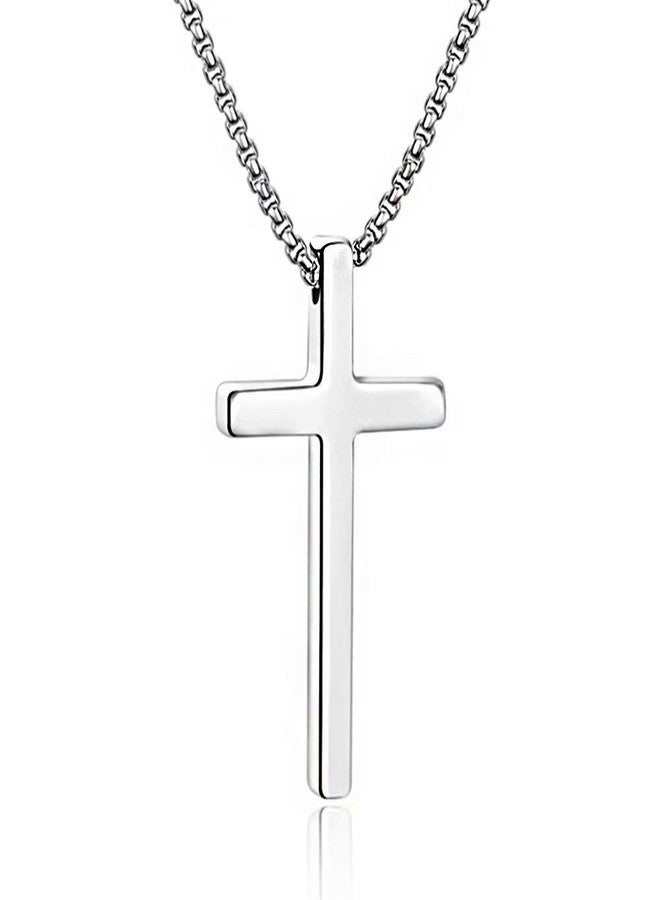 M MOOHAM Stainless Steel Cross Pendant Necklaces for Men Pendant Chain 22 Inch Silver, Fathers Day Christian Religious Baptism Gifts Jewelry for Teenage - Image 1
